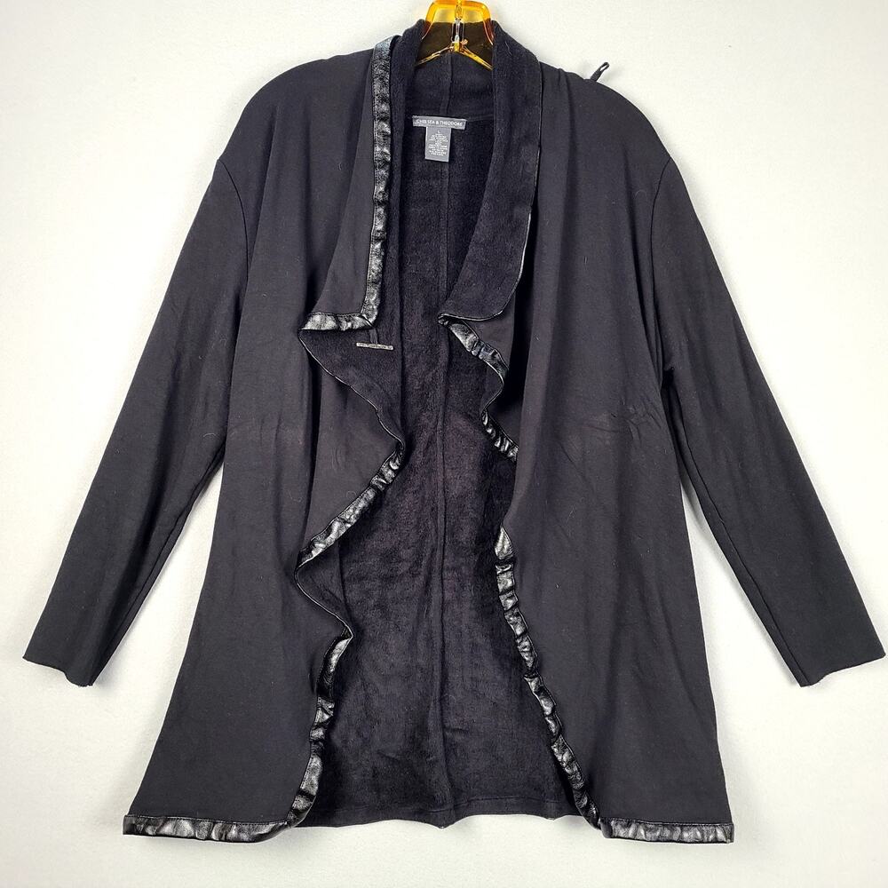 Chelsea & Theodore Black Faux Leather Trim Wrap Coatigan Cardigan Women's LARGE